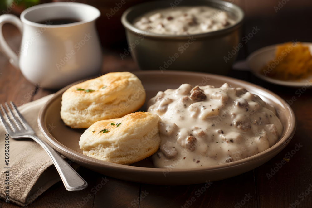 Biscuits and gravy, American breakfast. Ai generated. Biscuits and gravy, American breakfast. Ai generated.