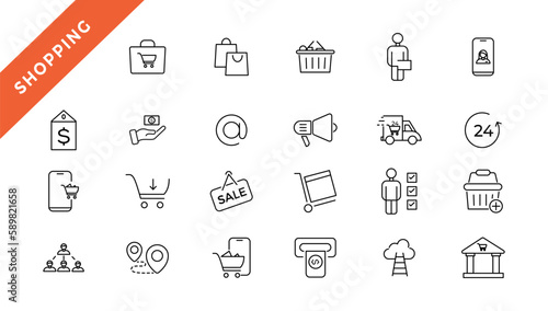  Shopping and retail line icons set. E-Commerce and retail outline icons collection. Shopping, gifts, store, shop, delivery, marketing, store, money, price - stock vector.