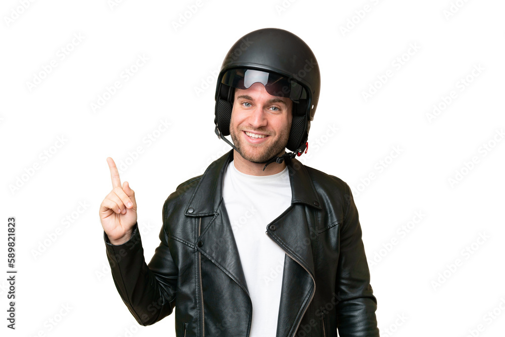 Young caucasian man with a motorcycle helmet isolated on green chroma background showing and lifting a finger in sign of the best Young caucasian man with a motorcycle helmet isolated on green chroma background showing and lifting a finger in sign of the best