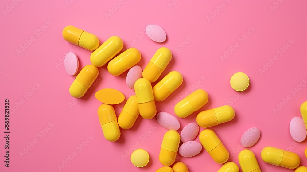close-up on yellow and pink pills on pink background, medicine, top view, promotional image, generative AI close-up on yellow and pink pills on pink background, medicine, top view, promotional image, generative AI