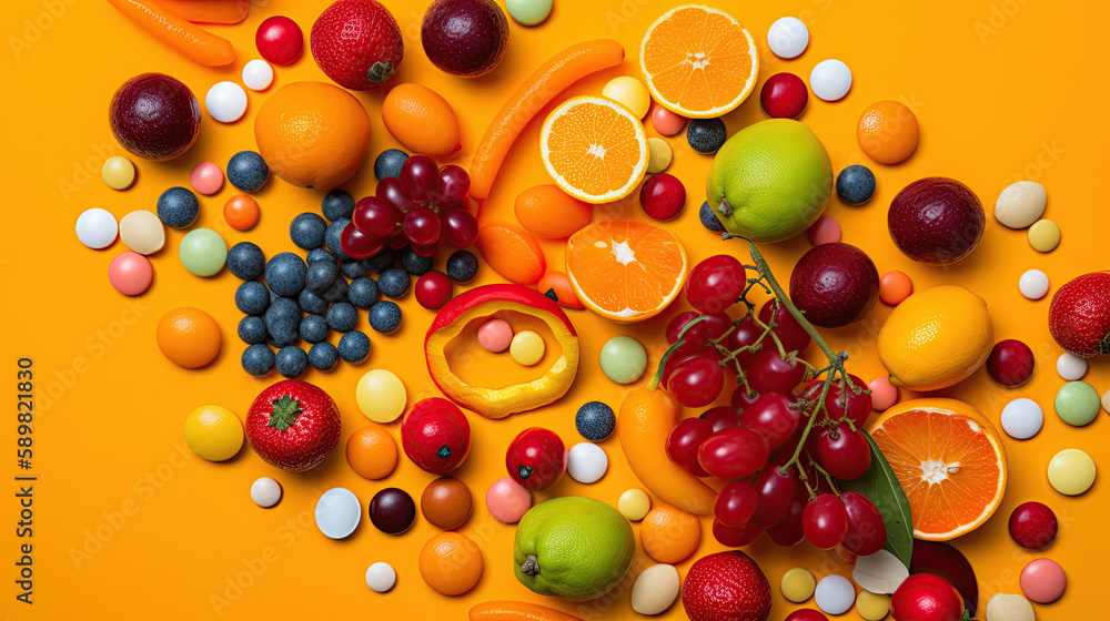 close-up on various pills, capsules and citruses, vitamins, concept, promotional image, medicine, top view, generative AI close-up on various pills, capsules and citruses, vitamins, concept, promotional image, medicine, top view, generative AI