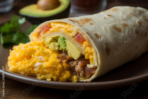 Breakfast burrito chicken and vegetable wrap, American breakfast. Ai generated.