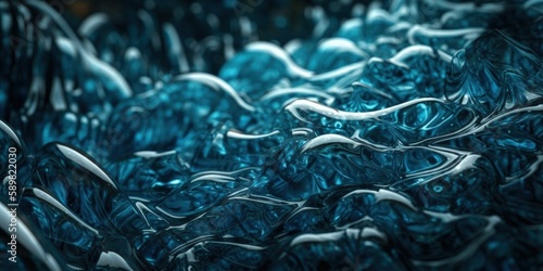 Abstract deep aquamarine blue sea with turbulent polished glass waves resembling stormy ocean scene, translucent sculpture with shimmering highlights and wavy pattern texture - generative AI photo