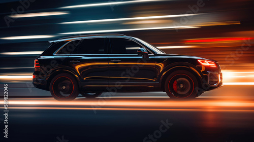 SUV rushes at high speed through the streets of the night city. Generative AI © piai