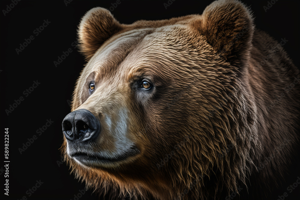 Brown bear portrait on black background.