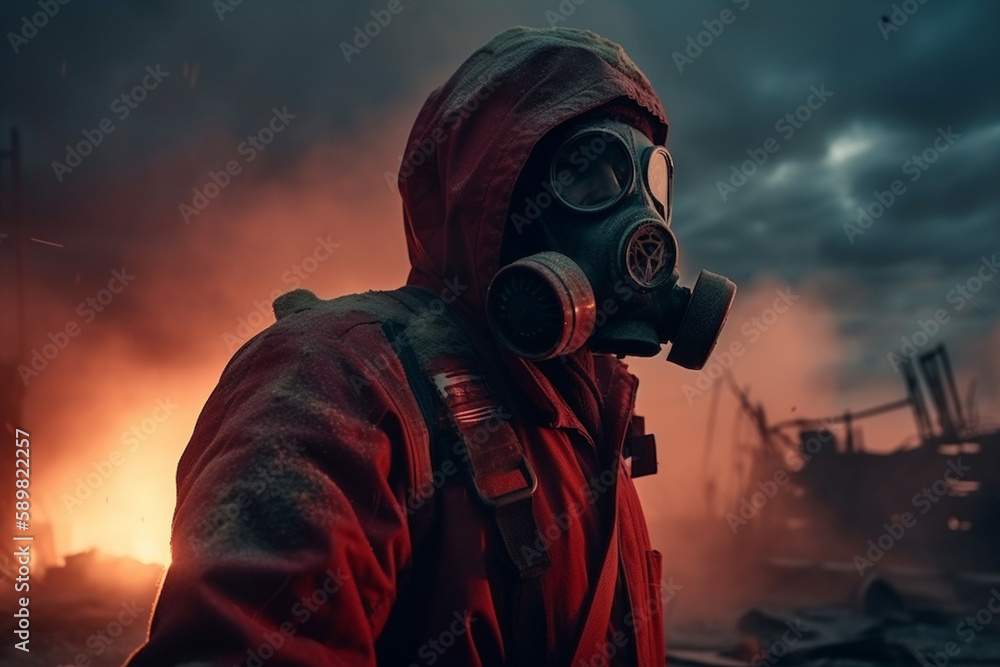 Post apocalyptic survivor in gas mask. Environmental disaster, armageddon concept. Generative ai. Post apocalyptic survivor in gas mask. Environmental disaster, armageddon concept. Generative ai.
