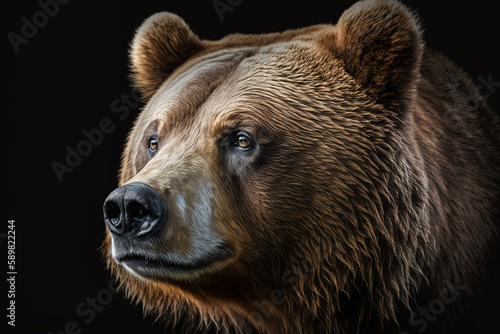 Brown bear portrait on black background.