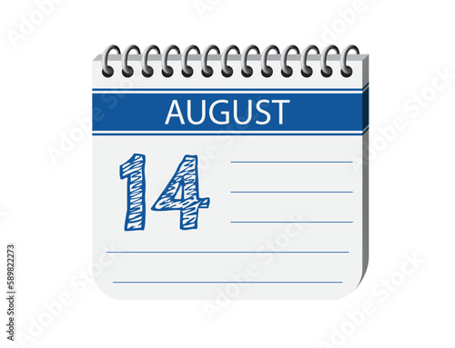 14 august calendar page vector. 3d one day calendar date appointment, holiday, deadline, event reminder illustration. Abstract three dimensional daily date calendar. 