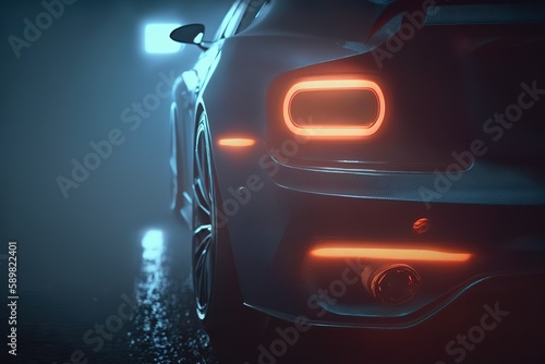 The included headlights of a blue modern car are close.Futuristic innovative car. Generative AI