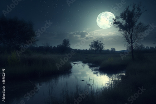 Beautiful moonlit landscape at night generative AI