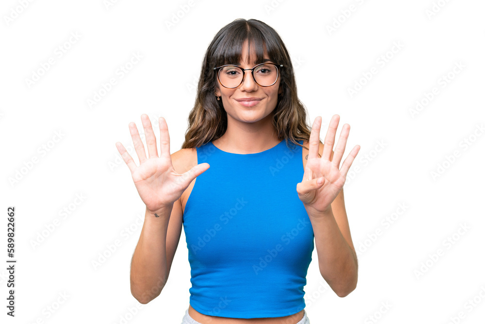 Young caucasian woman over isolated background counting nine with fingers Young caucasian woman over isolated background counting nine with fingers