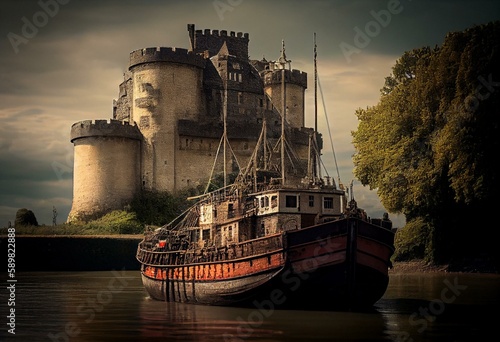 A barge at the base of Angers Castle in Anjou, France. Generative AI