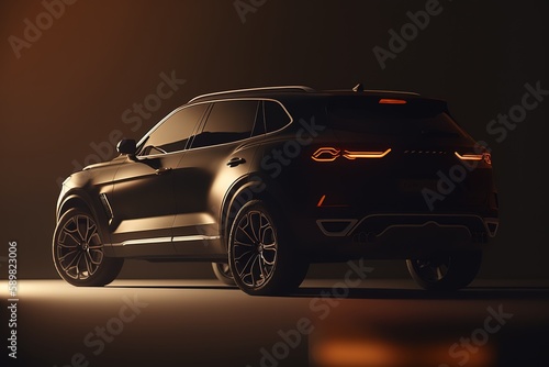 A modern black car with the headlights on on a black background.Futuristic innovative car. Generative AI photo