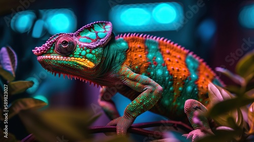 Colorful chameleon isolated on leaves background. Lizard on the green leaves. Generative AI