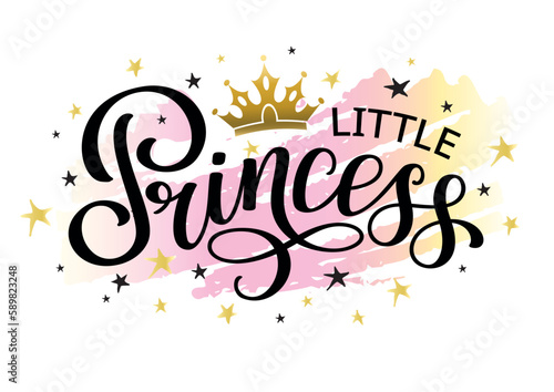 Little Princess lettering design with pink backgroung, crown and stars. Hand calligraphy text for logo or lettering on clothes.
