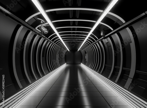 Futuristc space tunnel with lights surrounded. Created with Generative AI technology.