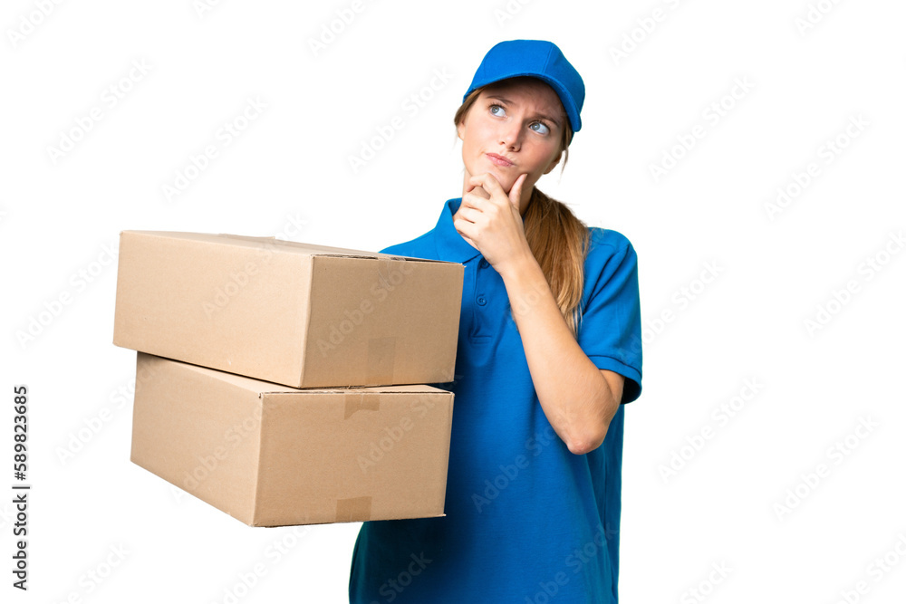 Delivery caucasian woman over isolated background having doubts Delivery caucasian woman over isolated background having doubts