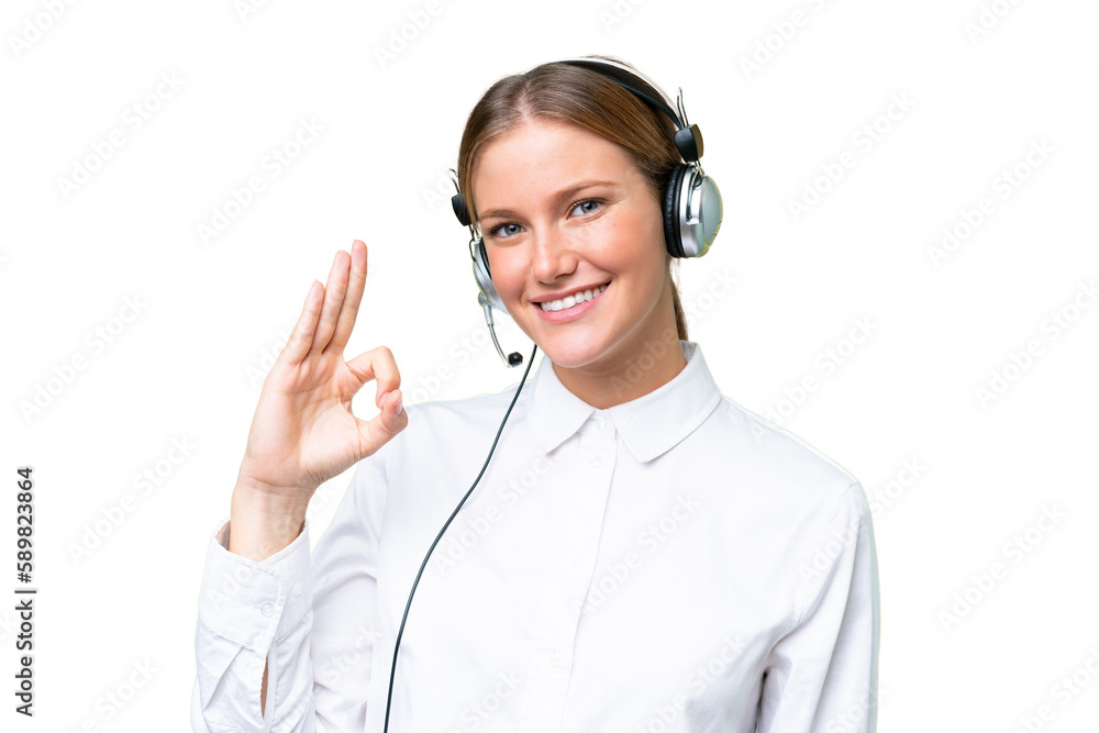 Telemarketer caucasian woman working with a headset over isolated background showing ok sign with fingers Telemarketer caucasian woman working with a headset over isolated background showing ok sign with fingers