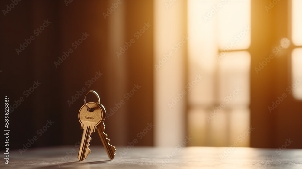 Opening door with golden house key chain on fuzzy interior background and mockup for your advertisement - obrazy, fototapety, plakaty 