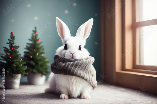 Portrait of a adorable bunny, funny and cute face closeup, ready for christmas. isolated on beautiful bokeh background, created with generative ai  © fiermanmuch