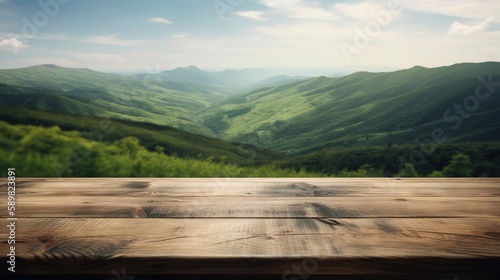 Wood table mockup with vibrant green hills on background. Empty copy space for product presentation. Generative AI