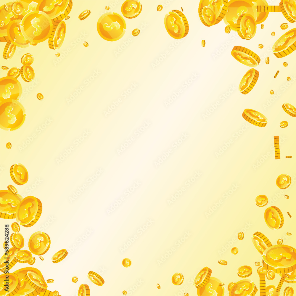 American dollar coins falling. Scattered gold USD American dollar coins falling. Scattered gold USD