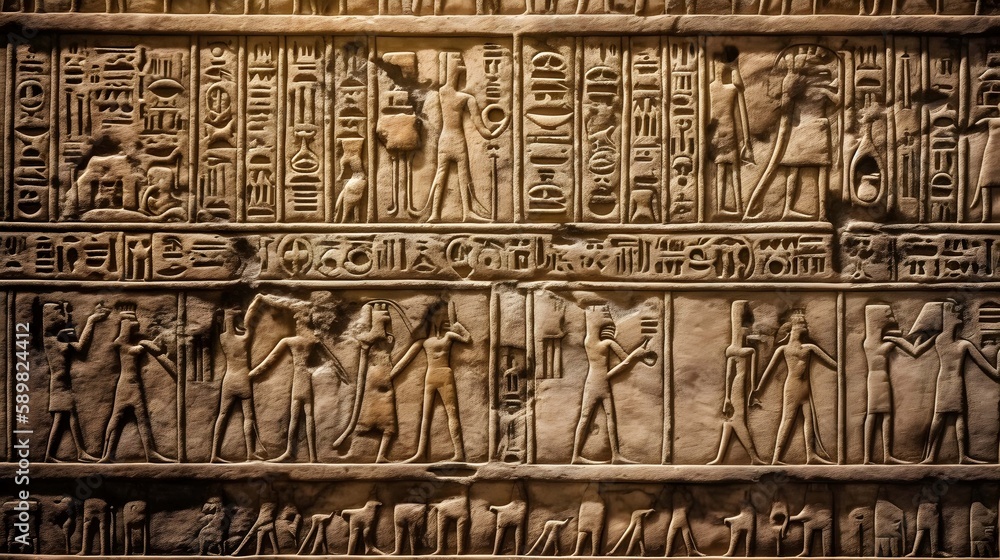 Obraz premium Hieroglyphics on a wall, egyptian, pyramids, generative AI