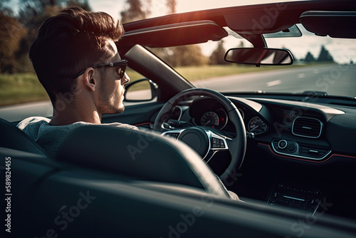 Young man driving in a convertible sports car photo from behind with copy space 