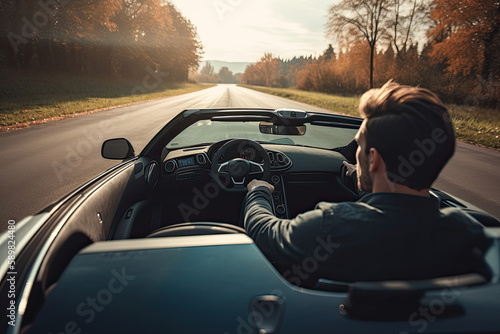 Young man driving in a convertible sports car photo from behind with copy space 