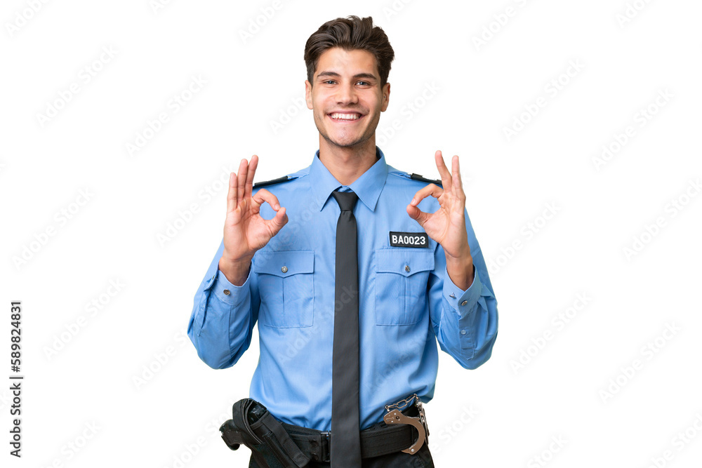 Young police man over isolated background showing an ok sign with fingers Young police man over isolated background showing an ok sign with fingers