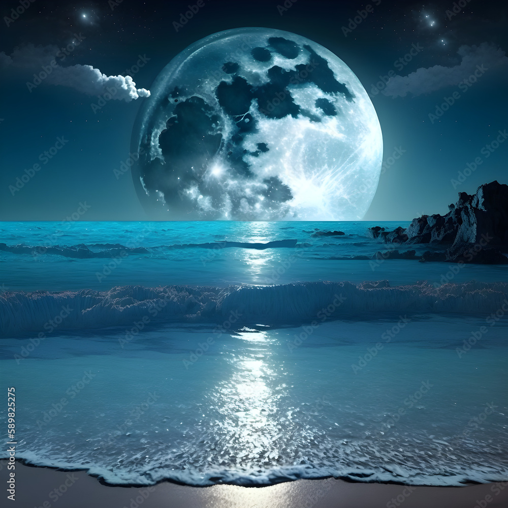 View of the beach at night with a big moon, generative ai