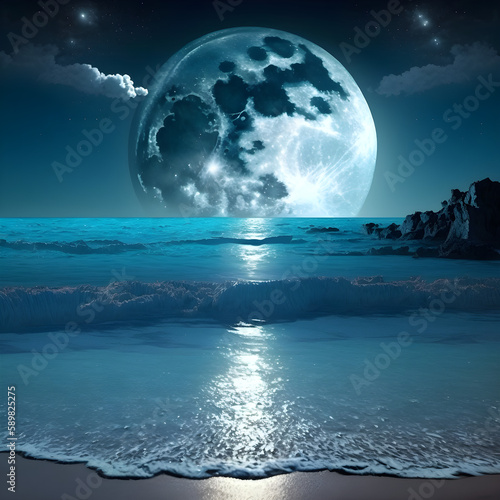 View of the beach at night with a big moon  generative ai