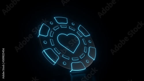 Modern, Futuristic Black And Blue Glowing Neon Lights Poker Chips With Hearts - Playing Card Symbol Inside On Black Background - 3D Illustration