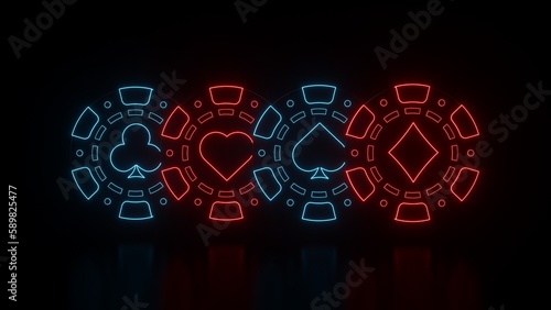 Modern, Futuristic Black And Red, Blue Glowing Neon Lights Poker Chips Display With Playing Card, Ace Symbols Inside On Black Background - 3D Illustration