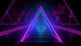 Neon triangular frame background on dark background. Created with Generative AI technology.