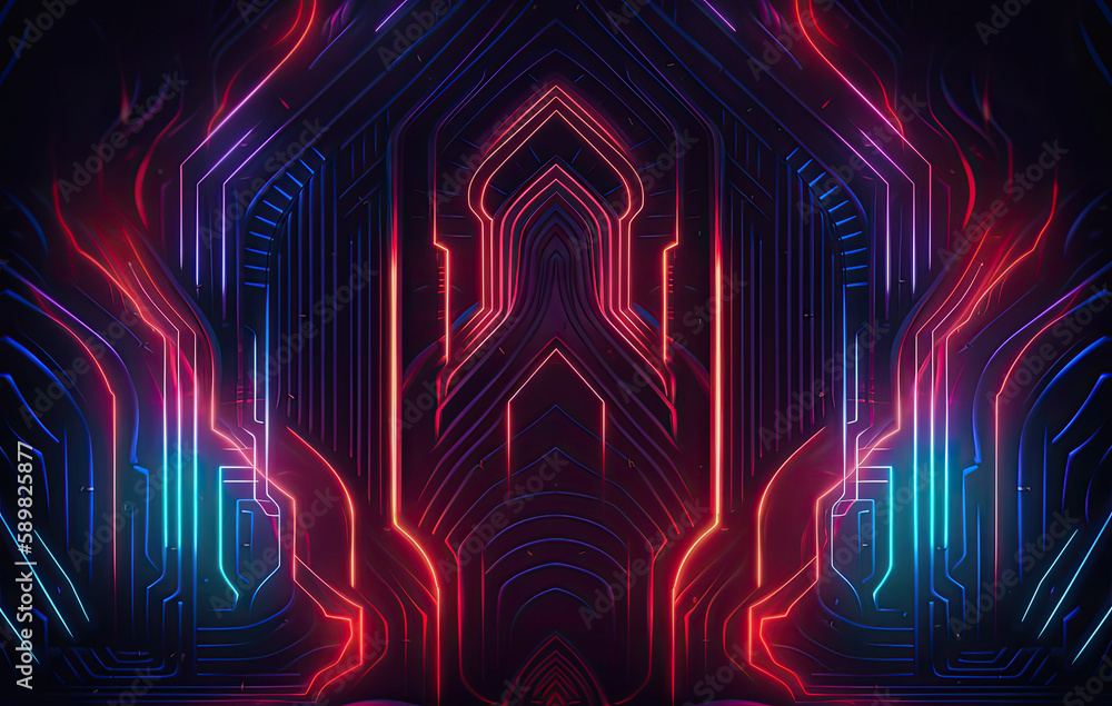 Fototapeta premium Futuristic cyperpunk neon staged banner background. Created with Generative AI technology.