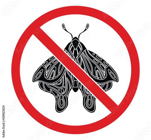 Vector prohibited badge with black silhouette of moth. Danger to be bite. Forbidden sticker monochrome butterfly clipart.