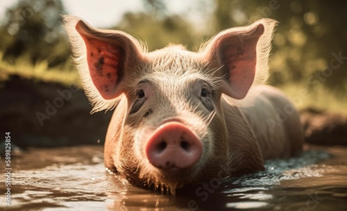 close up of a pig in the mud. Pigs living on organic farm. Pig on the farm. Generative AI.