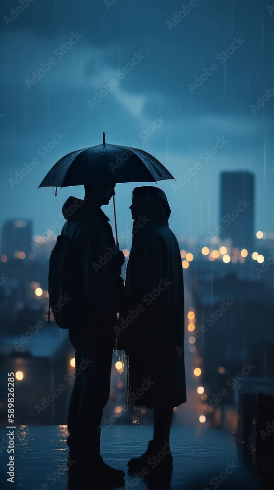 Obraz premium Couple in live under the rain. Illustration AI Generative.