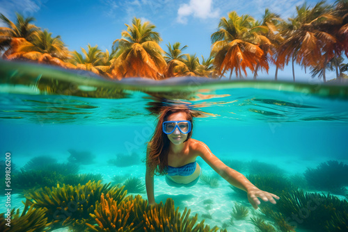 KI generated, Beautiful woman swims and dives in the dream Caribbean
