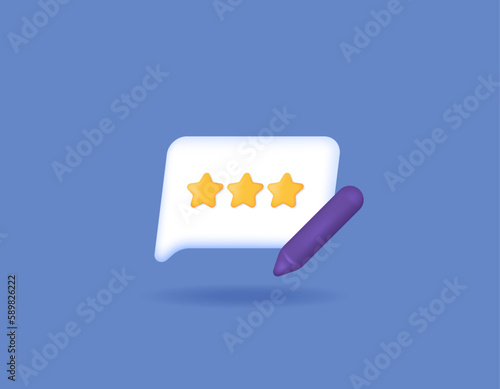customer reviews, ratings, and feedback. symbol or icon of chat bubble, stars, and pencil or pen. 3d and realistic concept design. vector elements