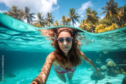 KI generated, Beautiful woman swims and dives in the dream Caribbean
