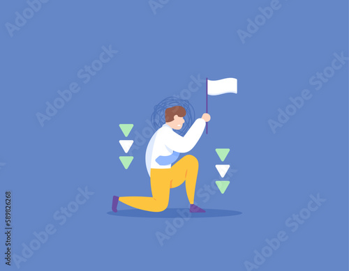 a job applicant who gives up on getting a job. a businessman who is desperate for failing in his business. a man waving a white flag. problems and misfortunes. illustration concept design. vector