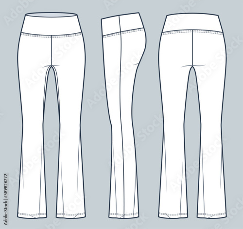 Flared Leggings technical fashion illustration, fashion design. Sports Leggings Pants fashion flat technical drawing template, front, side and back view, white, women, men, unisex CAD mockup set.