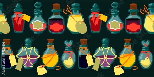 A pattern with colored jars of potions. Mysticism, magic, religion. Poisons in a row. Vector seamless pattern for printing on fabric and paper. Repetitive fashionable stylish texture for Halloween