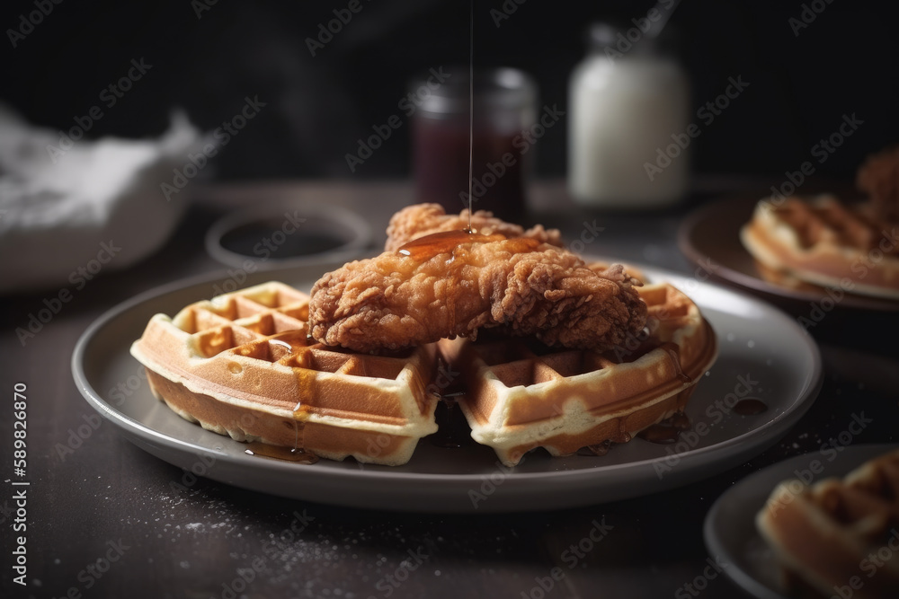Fried chicken and waffles, American breakfast. Ai generated.