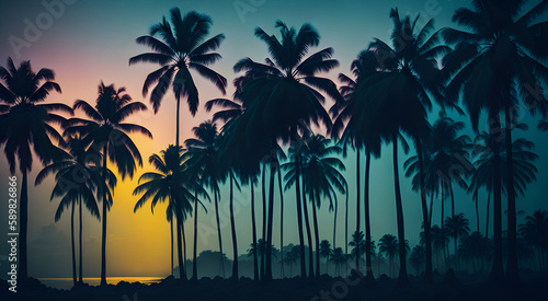 gradient of colour in the mist, tropical punk shadows of the wild palms, mystical, intriguing, morning lighting, silhouette of trees, superb quality cinematic, wallpaper, Generative AI