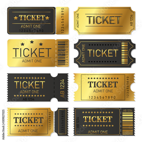 Luxury golden ticket template set for cinema, theater, concert, play, party, event or festival. Premium paper admit one and ticket samples icons. Vector illustration