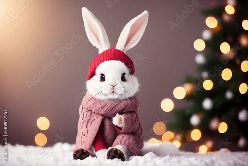 Portrait of a adorable bunny  funny and cute face closeup  wear a warming clothes in winter and ready for christmas. isolated on beautiful bokeh background  created with generative ai 