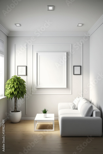 Living Room Interior With Couch Furniture  Decoration And An Empty Frame On The White Wall - Generative AI